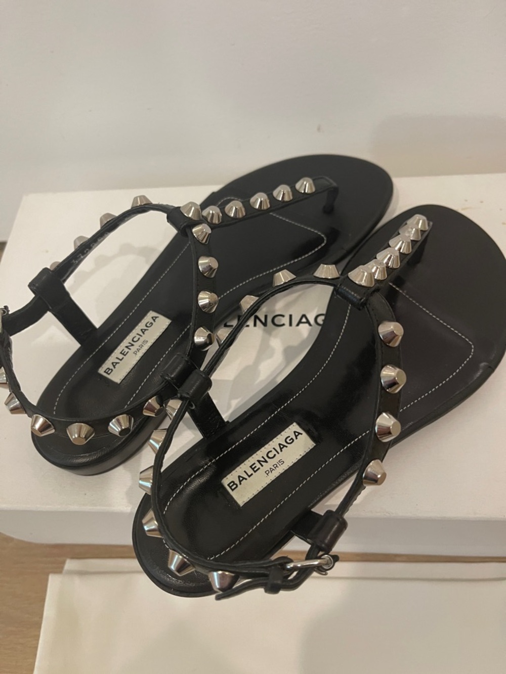 Balenciaga Black Leather Studded T-Strap Sandals - Picture 3 of 11
